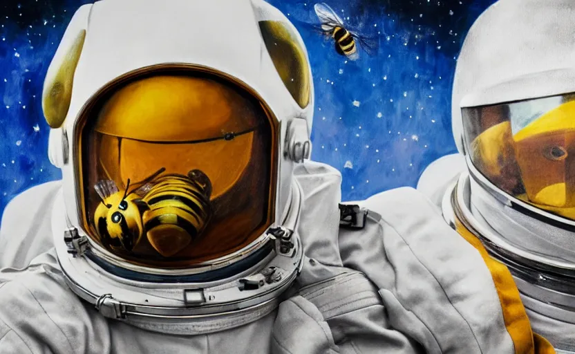 Image similar to oil painting of a bee in a astronaut suit with helmet, 35mm, photo, Epic, cinematic, highly detailed and intricate