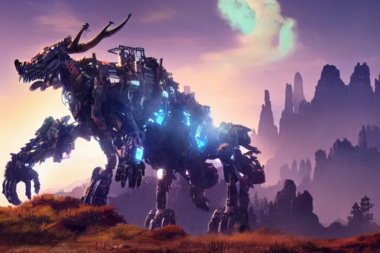 Image similar to grimhorn fanghorn machine mecha animal beast robot of horizon forbidden west horizon zero dawn bioluminiscence global illumination ray tracing hdr fanart arstation by sung choi and eric pfeiffer and gabriel garza and casper konefal