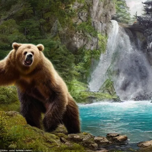 Prompt: a monstrous giant grizzly bear inside of a cave near a waterfall, highly detailed matte painting, sense of awe