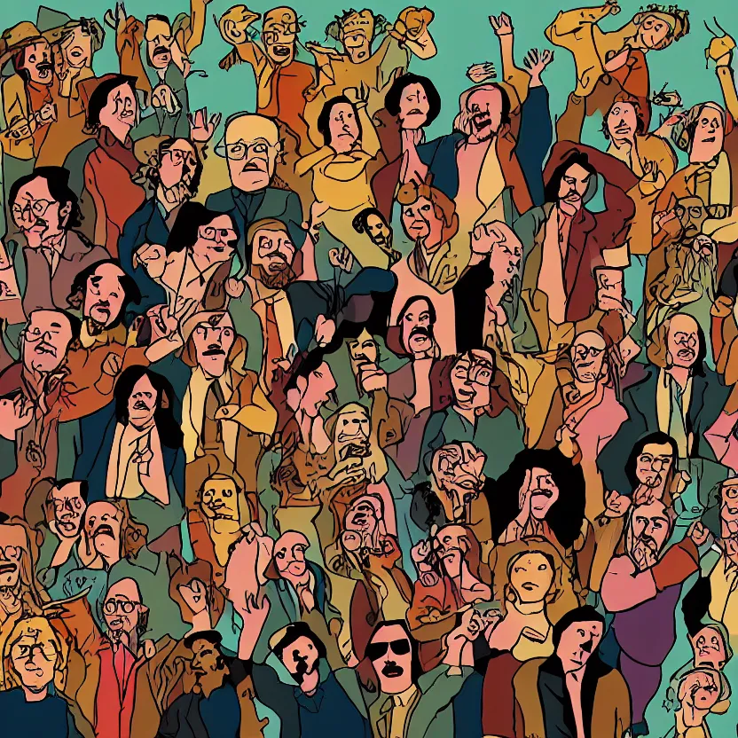 Image similar to philosophers partying in the 70s, digital art in the style of Mad Dog Jones