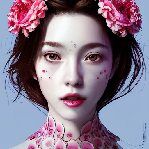 Prompt: the face of the absurdly beautiful, graceful, elegant, sophisticated, sensual mature gravure idol made of strawberries and white pink petals with tears, an ultrafine hyperrealistic photograph by kim jung gi, irakli nadar, intricate linework, bright colors, octopath traveler, final fantasy, unreal engine highly rendered, global illumination, radiant light, intricate environment