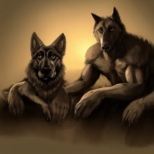 Image similar to two humanoid german shepherds beast - men, sitting on a couch and hugging together, artstation, concept art, smooth, sharp foccus ilustration, artstation