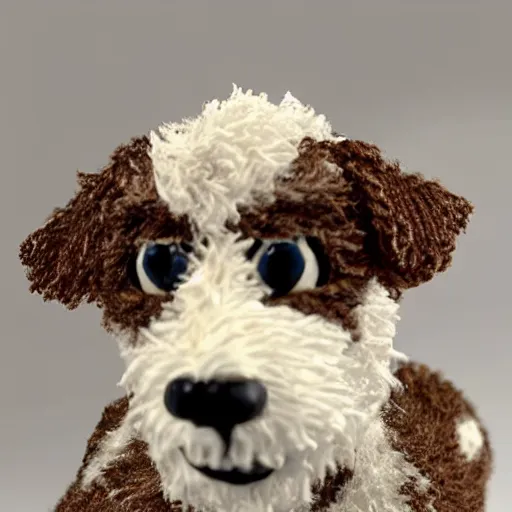 Image similar to a high quality sculpture of a very cute scruffy wire haired jack russell terrier puppy, white with chocolate brown spots, brown patches over both eyes. friendly, curious expression