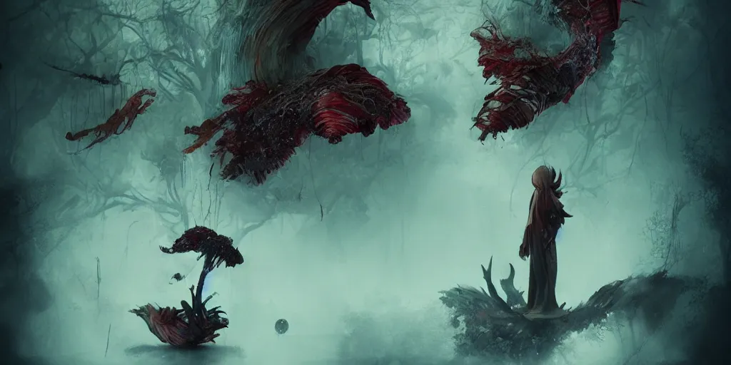 Image similar to Strange and mystical creatures scary and dangerous, concept art, inspired by Reylia Slaby, Guillermo del Toro, trending on artstation, volumetric lighting, intricate, ornate, CGsociety