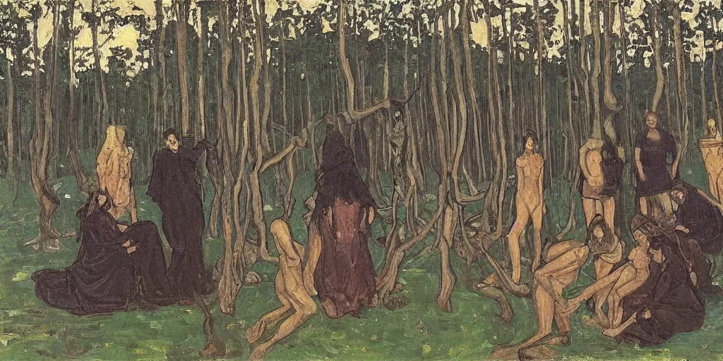 Prompt: oil painting huge spider with witches in forest by ferdinand hodler