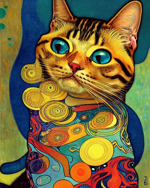 Prompt: summertime cat portrait an oil painting splashes with many colors and shapes by gustav klimt greg rutkowski and alphonse mucha, polycount, generative art, psychedelic, fractalism, glitch art