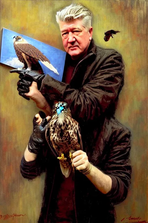 Image similar to david lynch with falconers glove, holding falcon painting by gaston bussiere, craig mullins