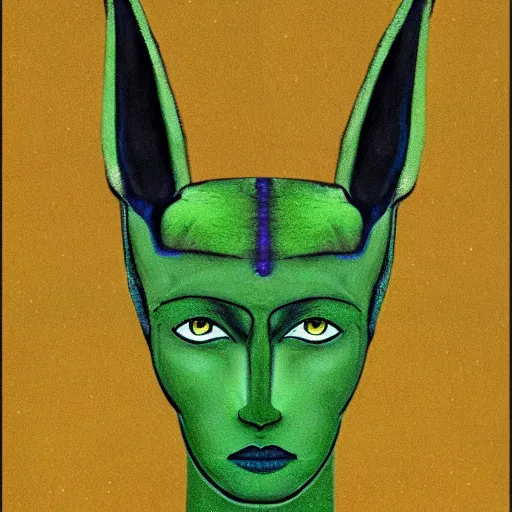 Prompt: gaunt yellow-green surrealist painterly head portrait of Anubis, brush strokes visible