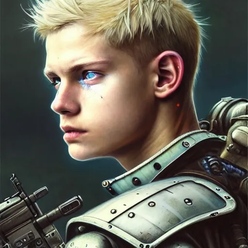 Prompt: portrait painting of a post - apocalyptic blonde teenager with blue eyes and patchy hair wearing light scrap armor with an old gun on his back, ultra realistic, concept art, intricate details, eerie, highly detailed, photorealistic, octane render, 8 k, unreal engine. art by artgerm and greg rutkowski and charlie bowater and magali villeneuve and alphonse mucha