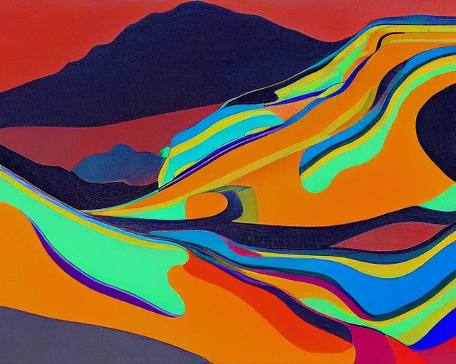 Image similar to A wild, insane, modernist landscape painting. Wild energy patterns rippling in all directions. Curves, organic, zig-zags. Saturated color. Mountains. Clouds. Rushing water. Wayne Thiebaud. Lisa Yuskavage landscape.