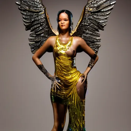 Prompt: a glass statue of a Rihanna with wings on it's back, studio photography, detailed, in focus