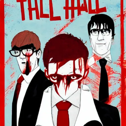 Image similar to tally hall, the band in suits with colorful ties, on a horror movie poster