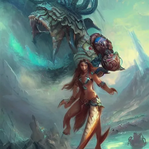 Image similar to triton girl having a great time riding on a goliath's shoulders, dnd concept art, painting by ross tran