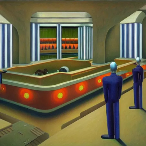 Image similar to droid factory, ( ( ( grant wood ) ) ), pj crook, ( ( ( edward hopper ) ) ), oil on canvas