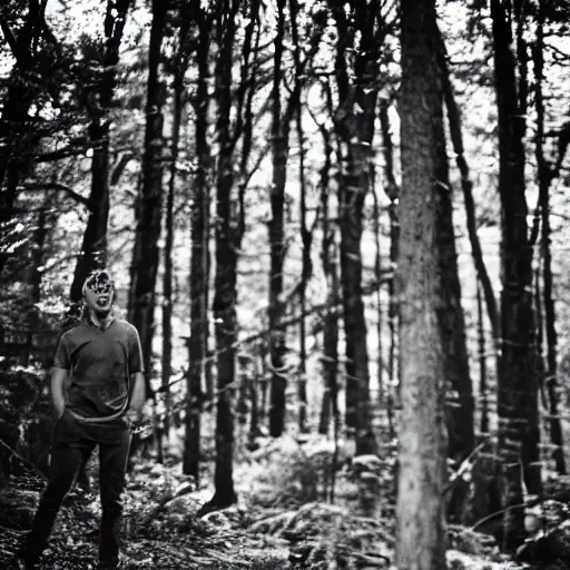 Prompt: black and white portrait of ryan winter in the forest