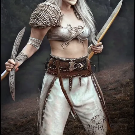 Prompt: character, young viking warrior woman full body with white hair, happy, insanely detailed and intricate, hypermaximalist, hyper realistic, beautiful