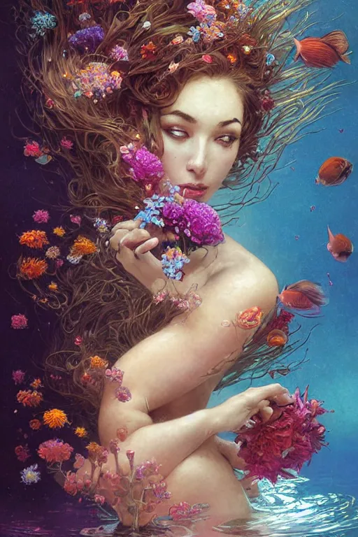 Prompt: portrait of a beautiful mysterious woman holding a bouquet of flowing flowers, hair flowing upwards, small bubbles from her mouth, hands hidden under the bouquet, submerged underwater filled with colorful small fish and coral reef, fantasy, regal, intricate, by stanley artgerm lau, greg rutkowski, thomas kindkade, alphonse mucha, loish, norman rockwell