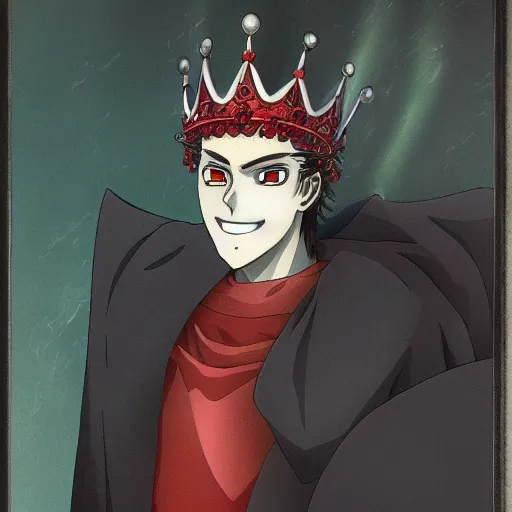 Image similar to man with red eyes and a crown grinning, anime