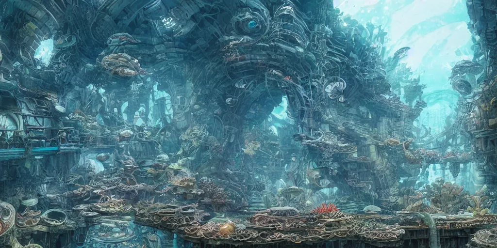 Prompt: masterpiece artwork of a underwater city inside of aquarium, hyper detailed, art, trending in artstation, behance, deviantart, art style by kim jung gi and greg rutkowski