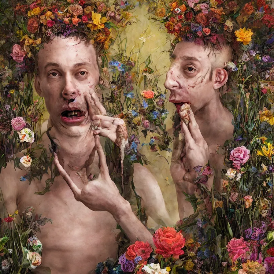 Image similar to male portrait of anorexic john zorn todd solondz eating rotten flesh and puking blood wearing a thong, surrounded by flowers by karol bak, james jean, tom bagshaw, rococo, trending on artstation, cinematic lighting, hyper realism, octane render, 8 k, hyper detailed.