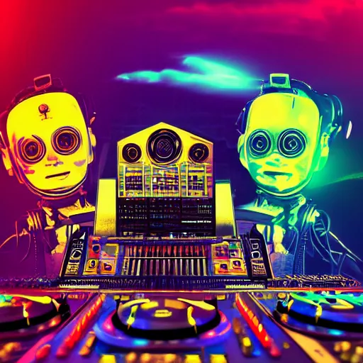 Image similar to album art for a trance dj, the album is called dj roborock, 3 steampunk robot heads with robot arms on a dj desk with a cd mixer, 8 k, fluorescent colors, halluzinogenic, multicolored, exaggerated detailed, front shot, 3 d render, octane