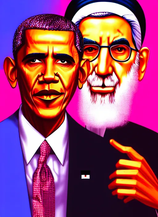 Image similar to pop art obama and khamenei angry each other, no duplicate image, glowing lights, highly detailed, digital painting, artstation, concept art, smooth, sharp focus, illustration, art by richard hamilton and mimmo rottela