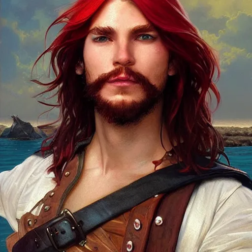 Prompt: portrait of a young pirate captain, male, masculine, handsome, upper body, red hair, long hair, cheerful, D&D, fantasy, intricate, elegant, highly detailed, digital painting, artstation, concept art, sensual, cinematic lighting, cutscene, sharp focus, illustration, art by Artgerm and Greg Rutkowski and Alphonse Mucha