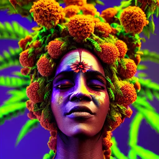 Image similar to an african marijuanna shaman with an afro made of flowers, third eye art art by machina infinitum, complexity from simplicity, rendered in octane, mandelbulb 3 d, ambient occlusion, macro photography, felt!!! texture, tribal, neon! retrowave