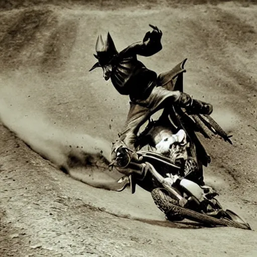 Prompt: nosferatu is riding a motocross, sport photography