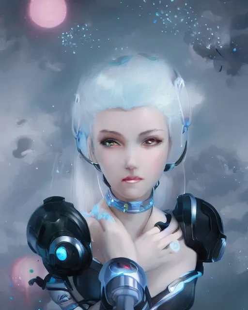 Image similar to cyborg girl with white hair and black skirt, flower decorations, dreamy, beautiful illustration, scifi, atmosphere, top lighting, blue eyes, focused, perfect composition, artstation, highly detailed, art by yuhong ding and chengwei pan and serafleur and ina wong