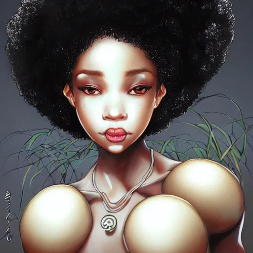 Image similar to black woman with afro serving mushrooms by artgerm yoshitaka amano