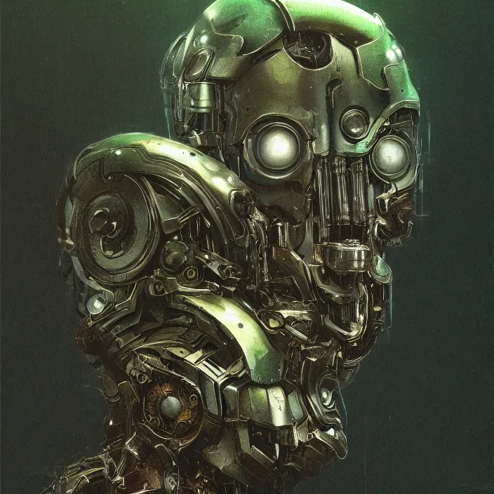 Prompt: portrait of a green Ultron from Age of Ultron, clockwork steampunk, head and chest only, by Beksinski, 4k, deviantart, trending on artstation