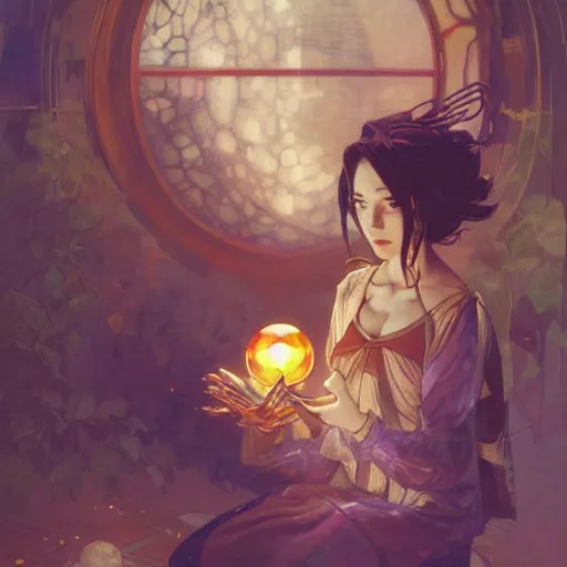 Image similar to anime wizard woman pondering a crystal ball by Stanley Artgerm Lau, greg rutkowski, thomas kindkade, alphonse mucha, loish, norman Rockwel