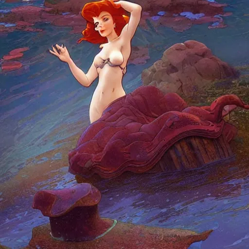 Image similar to Ariel in The Little Mermaid, highly detailed, digital painting, artstation, concept art, smooth, sharp focus, illustration, ArtStation, art by artgerm and greg rutkowski and alphonse mucha and J. C. Leyendecker and Edmund Blair Leighton and Katsuhiro Otomo and Geof Darrow and Phil hale and Ashley wood and Ilya repin and Charlie Bowater