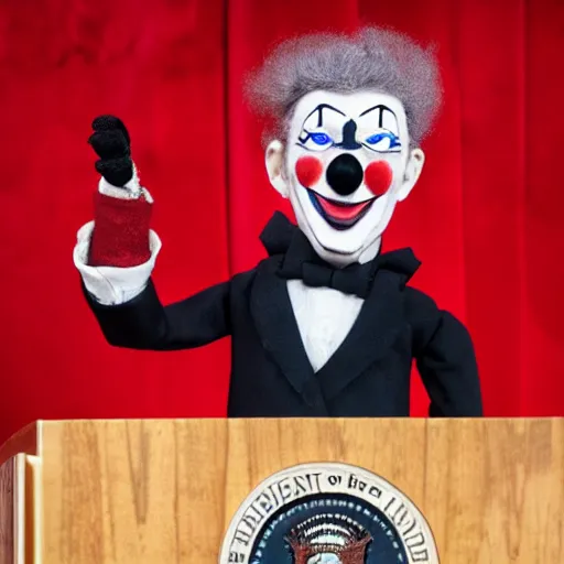 Prompt: mad puppeteer using marionette of a president thats has clown makeup in a podium