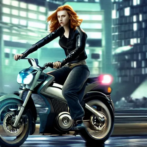 Image similar to scarlett johansson riding a futuristic motorbike in cyberpunk city, realistic, cinematic, hdr