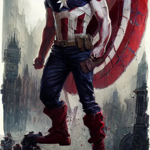 Image similar to capitan america as a zombie, by greg rutkowski, mucha, artgerm,