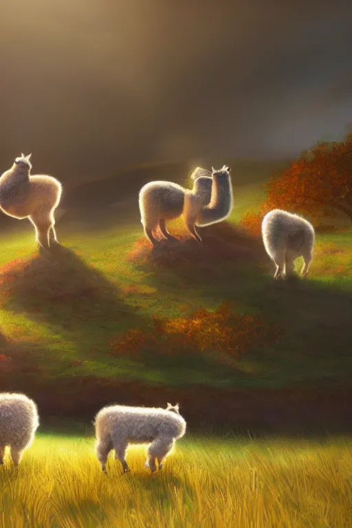 Prompt: magical alpacas frolicking in a field, autumn, illustration, light beams, digital art, oil painting, fantasy, 8 k, trending on artstation, detailed