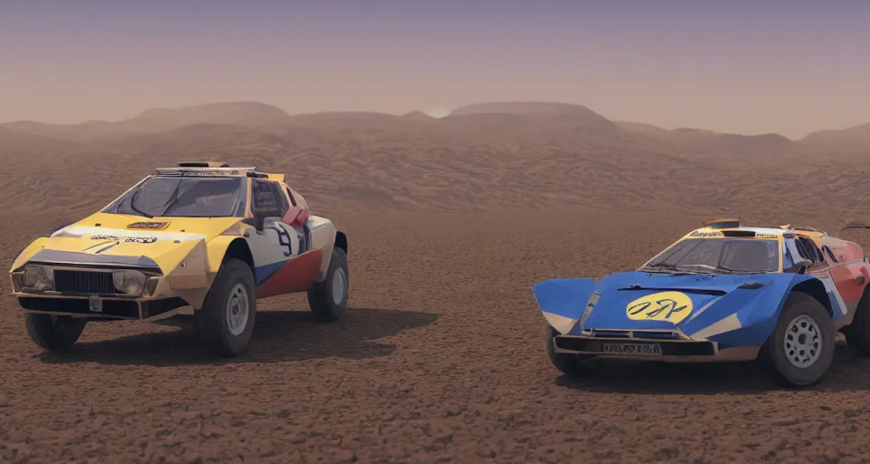 Image similar to Lancia Stratos Rally car racing in a desert, landscape, center composition, cinematic, rendered by simon stålenhag, rendered by Beeple, Makoto Shinkai, syd meade, environment concept, digital art, unreal engine, 3 point perspective, WLOP, trending on artstation, low level, 4K UHD image, octane render,