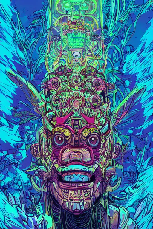 Image similar to totem animal tribal chaman vodoo mask feather gemstone plant video game illustration vivid color borderlands by josan gonzales and dan mumford radiating a glowing aura