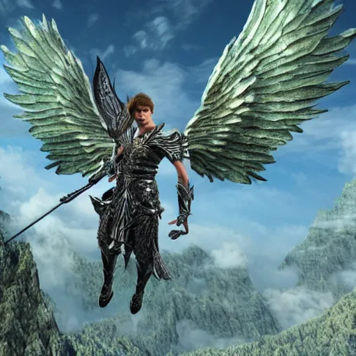 Prompt: hyperrealistic render of a winged male fantasy warrior flying through a magical world