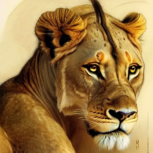 Prompt: highly detailed portrait of a majestic lioness queen in the form of a beautiful woman. d & d, art by donato giancola and ruan jia and carl larsson. trending on artstation, intricate details, energetic composition, golden ratio, concept art, illustration, elegant art