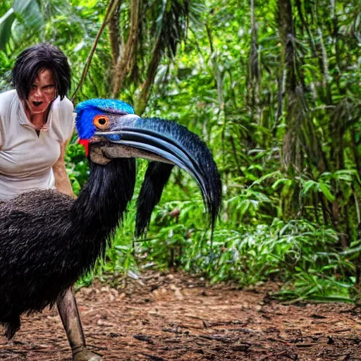 Prompt: astonished and angry middle aged lady fighting a cassowary in the jungle, greek ethnicity, thin face structure, uncombed straight grey black hair, angry eyes, photo, realistic, outdoor lighting, 4 k, 8 k, hd, 3 9 mm lens