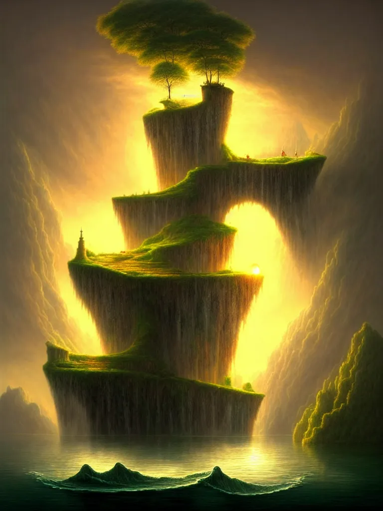 Image similar to gediminas pranckevicius an immense gigantic ornated iron cup with a lake inside, water in excess droping by thomas cole, boats, castle, sunset, volumetric light, godrays