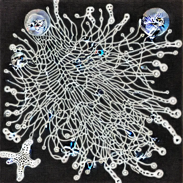 Image similar to a black and white drawing of a variety of sea life and filled with gundam mech equipment space station, a microscopic photo by ernst haeckel, zbrush central, kinetic pointillism, bioluminescence, biomechanical, intricate patterns, photoillustration