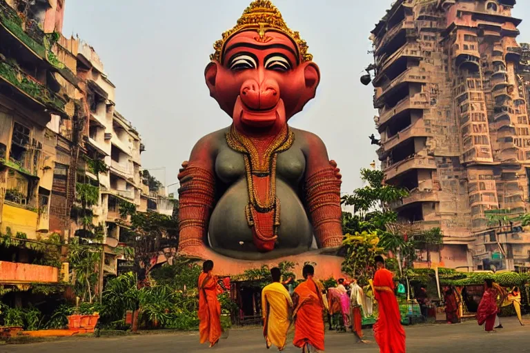 Image similar to dreamscape! mumbai with biomorphic hanuman!! head building, kalighat, sharp hyperrealistic cinematic smooth, stephen shore & john j. park, soft morning light, wide shot, high angle, uhd 8 k, deep focus