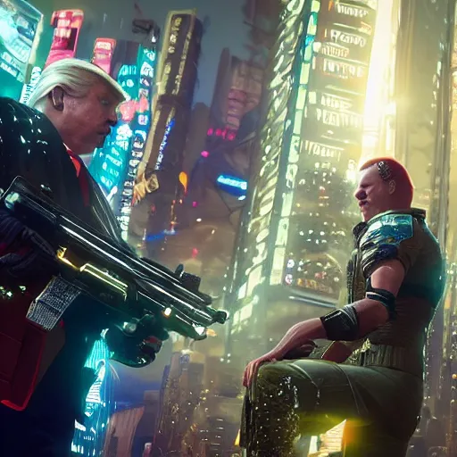 Image similar to a screenshot of joe biden and donald trump fighting in cyberpunk 2 0 7 7, 4 k, highly detailed