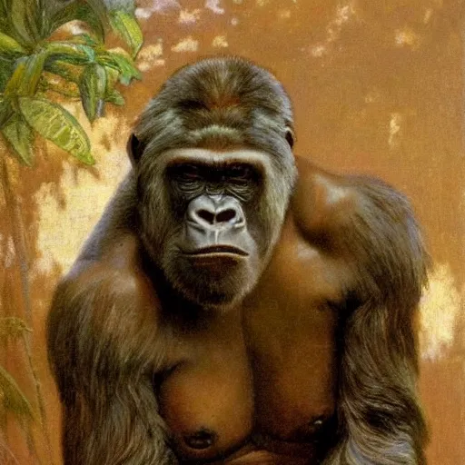 Image similar to highley detailed potrait of a silverback gorilla, painting by gaston bussiere, craig mullins, j. c. leyendecker, lights, art by ernst haeckel, john william godward, hammershøi,