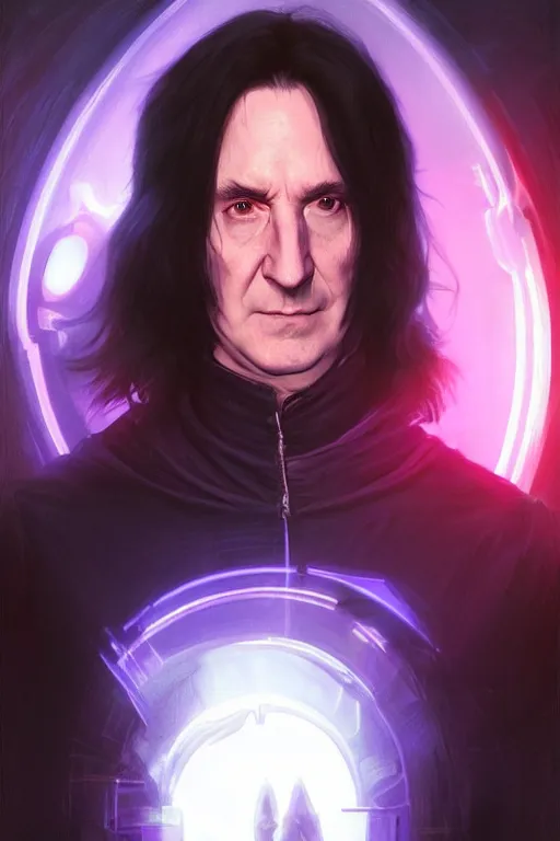 Image similar to portrait of severus snape with visor in cyberpunk, neon lighting, night city, digital art from artstation by Ruan Jia and Mandy Jurgens and Artgerm and william-adolphe bouguereau and Greg Rutkowski