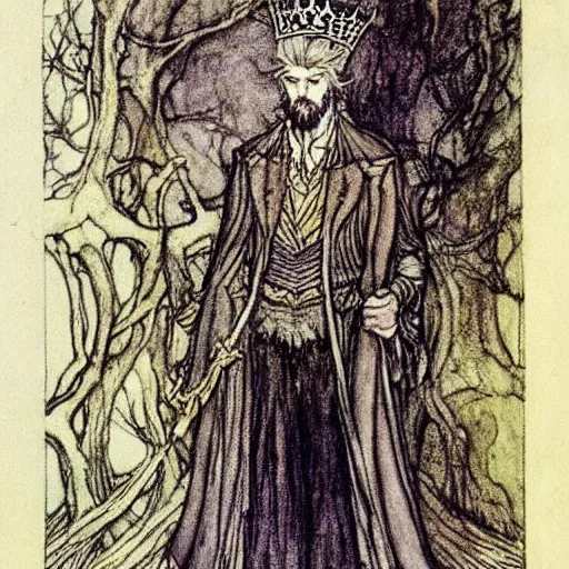 Prompt: A handsome King of the Fae with blond hair and beard wearing an exquisite suit and a crown, color illustration by Arthur Rackham